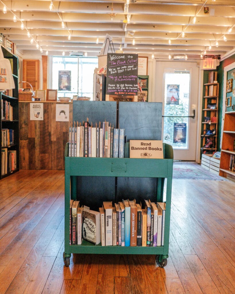 banned books cart inside the book cellar in Abingdon Virginia