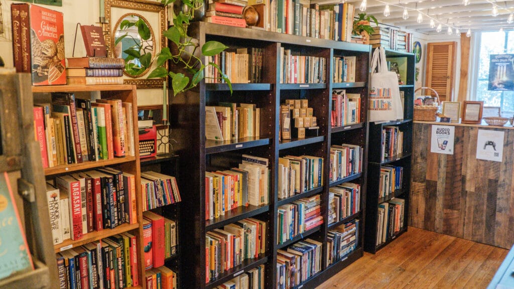 Fully stocked bookshelves at The Book Cellar